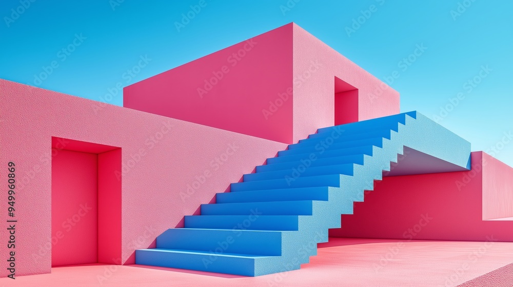 Poster a pink and blue building with a blue staircase leading up to it. the building is a modern design wit
