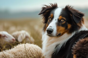 Fototapeta premium Sheepdog and Sheep: Depict the relationship between a sheepdog and its flock.