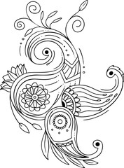 Mehndi Flower Outline hand draw for adult coloring page