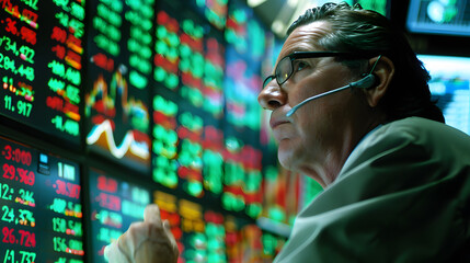 Fototapeta premium A stock broker on an exchange monitors changes in quotes for goods, currencies, and bitcoin. AI Generated