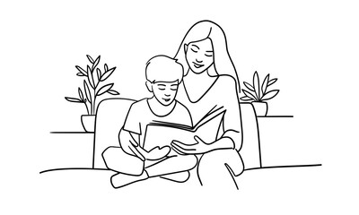 Mother and son reading book on sofa, continuous line art drawing isolated on white background. Vector illustration