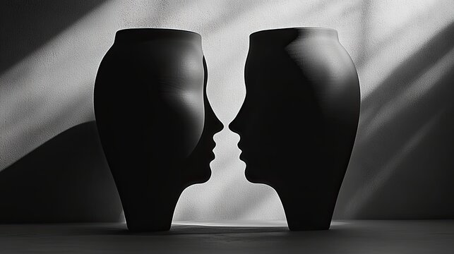 A 3D Rubin's vase illusion, seamlessly transitioning between the silhouette of a vase and two facing profiles.