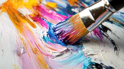Obraz premium A close-up of a paintbrush creating a color splash on a white canvas, with bold strokes.