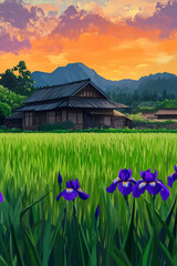 The photo illustrate of farmers and family joyfully harvesting rice in a lush green field with an old small house rests on a rice field with mountains in the distance