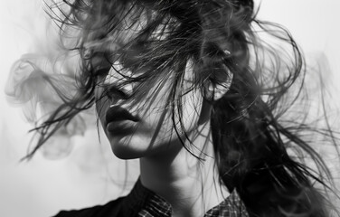 Fototapeta premium Mysterious woman with windswept hair in black and white portrait