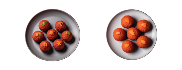 A Set of Laddu dessert food on plate isolated on a transparent background. PNG full depth
