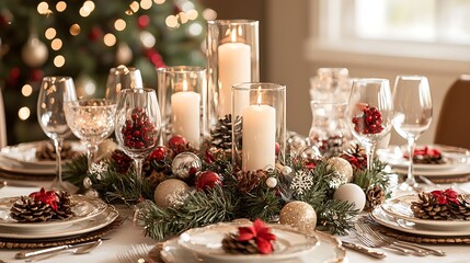 A festive Christmas table setting with glowing candles, pine cones, and sparkling ornaments.