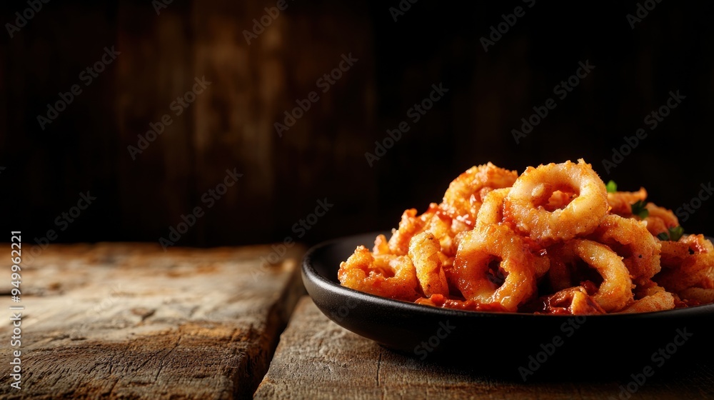 Poster Close-up of Crispy Fried Calamari Rings with Marinara Sauce