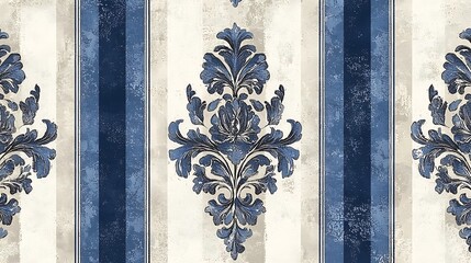A blue and white damask floral pattern set against a striped background.