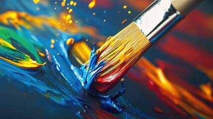 Fototapeta premium A close-up of a paintbrush flicking colorful splashes of paint across a blank canvas.