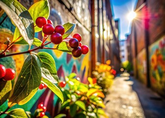 A bouquet of delicate honeysuckle berries bursts forth from an alleyway, where sunbeams dance across the worn bricks and vibrant graffiti whispers secrets to the brick walls.