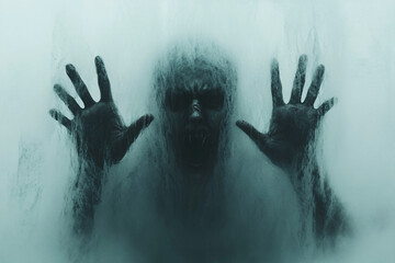 A dark silhouette of a figure pressing hands against frosted glass, creating a haunting and eerie atmosphere with blurred details