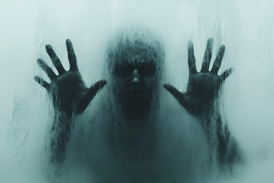 A dark silhouette of a figure pressing hands against frosted glass, creating a haunting and eerie atmosphere with blurred details