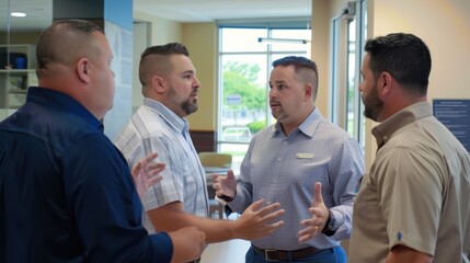 Fototapeta premium Group of workers having a serious conversation about work in an office building
