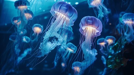 Many light blue jellyfishes in deep dark blue water. Neural network ai generated art