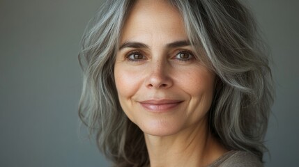 Naklejka premium A close-up of a confident 50-year-old woman with natural, graceful aging, showcasing her radiant skin and gentle smile against a soft, neutral background.