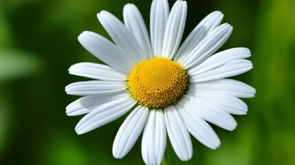 Obraz premium A close-up of a daisy with white petals and a bright yellow center, capturing the simple beauty and fresh appearance of the flower.