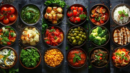 Fototapeta premium A beautiful collage of vegetarian dishes, including colorful salads, roasted vegetables, and grain bowls, each served on unique plates with intricate designs, set on a rustic table with soft,