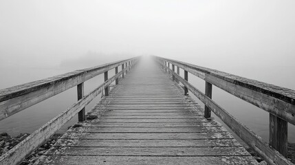 Solitude on the Shore: Fog-Enshrouded Pier, Echoes of a Bustling Harbor, Coastal Serenity in Grayscale Elegance