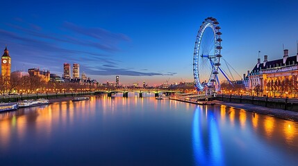 Obraz premium The London skyline at dusk, featuring Big Ben and The London Eye against a vibrant sky.