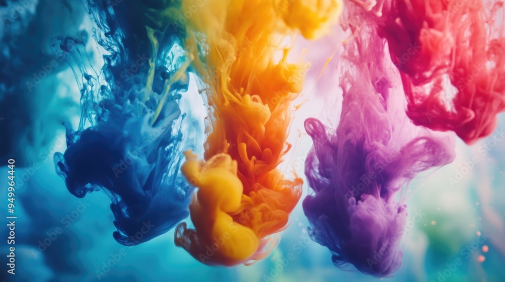 Poster a close-up of colorful ink drops merging in water, creating a mesmerizing swirl.