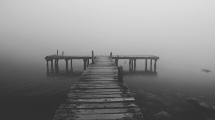 Obraz premium Solitude on the Shore: Fog-Enshrouded Pier, Echoes of a Bustling Harbor, Coastal Serenity in Grayscale Elegance