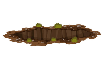 Hole ground. Works digging of sand coal waste rock or gravel. Brown, dry mine element of landscape. Cartoon illustration
