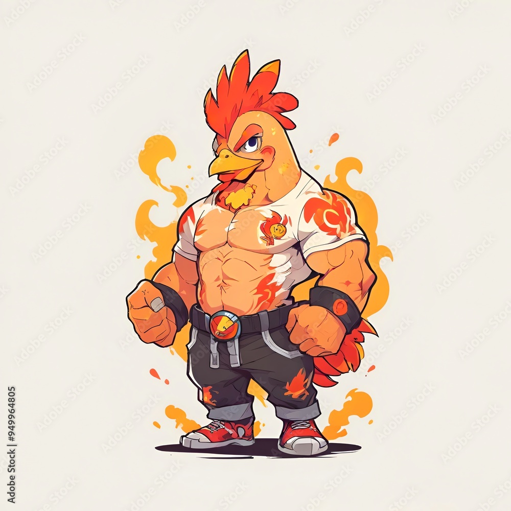 Sticker powerful rooster cartoon illustration