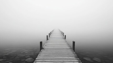 Fototapeta premium Solitude on the Shore: Fog-Enshrouded Pier, Echoes of a Bustling Harbor, Coastal Serenity in Grayscale Elegance