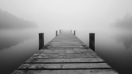 Obraz premium Solitude on the Shore: Fog-Enshrouded Pier, Echoes of a Bustling Harbor, Coastal Serenity in Grayscale Elegance