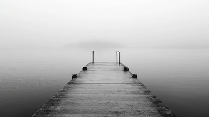 Fototapeta premium Solitude on the Shore: Fog-Enshrouded Pier, Echoes of a Bustling Harbor, Coastal Serenity in Grayscale Elegance