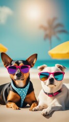 Two dogs wearing sunglasses sit on sandy beach with palm trees and clear blue sky.