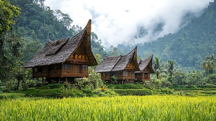 Charming Indonesian homes are nestled in lush green rice paddies, showcasing a serene landscape.