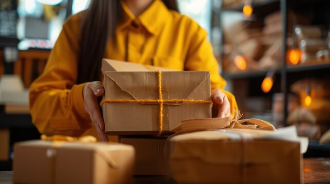Person Packing Gifts in a Cozy Shop