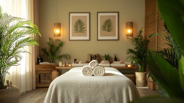 A minimalist spa room with a massage table, fresh towels, and lush plants creating a calming atmosphere.