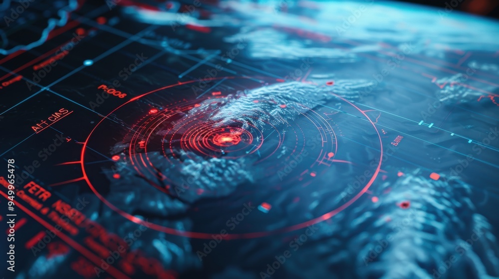 Poster futuristic spy satellite scanning terrain with target hud display