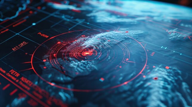 Futuristic spy satellite scanning terrain with target hud display