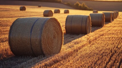Sunset over a field of hay bales, with warm golden tones and long evening shadows highlighting the tranquil countryside. Harvesting