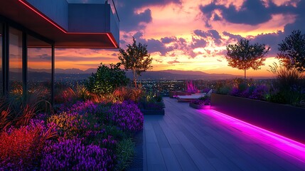 A rooftop garden glows at sunset, surrounded by the twinkling lights of the city.