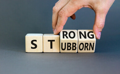 Strong and stubborn symbol. Concept words Strong Stubborn on wooden block. Beautiful grey table grey background. Businessman hand. Business strong and stubborn concept. Copy space.