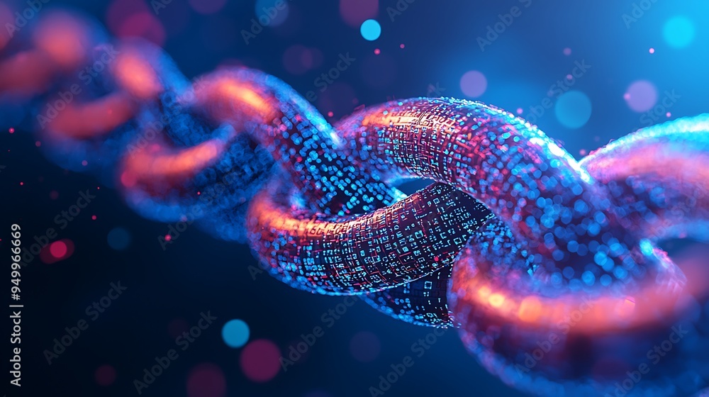 Aufkleber an abstract digital chain link glows against a bokeh background.