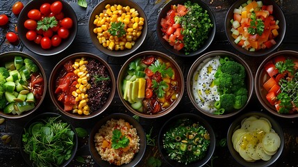 Fototapeta premium A colorful collage of nutritious bowls including smoothie bowls, quinoa salad bowls, and mixed grain bowls, each artfully arranged with fresh ingredients, set on a rustic table with soft,