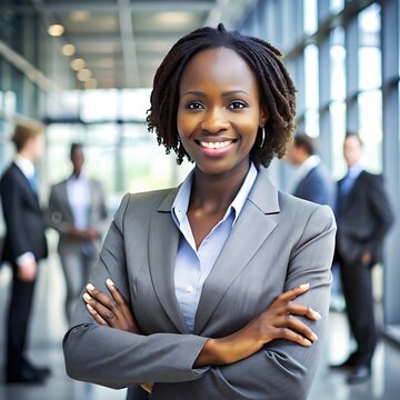 Confident African businesswoman with dreadlocks smiling and standing with arms crossed in an urban office district
