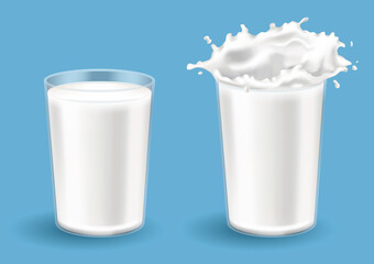 Realistic milk splash in a glass  illustration. Milk poured into glass on a blue background