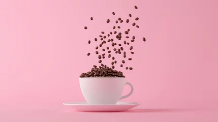 Printed roller blinds A white coffee cup with a cloud of coffee beans falling out of it. Concept of warmth and comfort, as the coffee is a popular beverage for relaxation and socializing