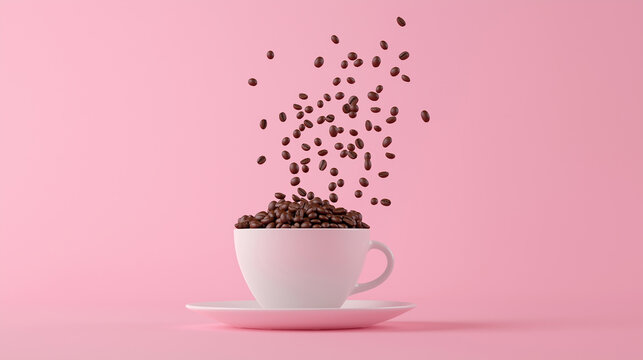 A white coffee cup with a cloud of coffee beans falling out of it. Concept of warmth and comfort, as the coffee is a popular beverage for relaxation and socializing