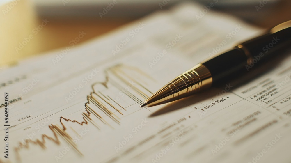 Poster A close-up of a printed gold price chart with annotations and trend lines, placed on a desk with financial reports and a pen, emphasizing detailed market analysis.