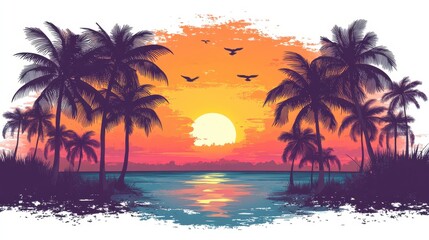 Vibrant sunset over the ocean with palm trees silhouetted against a colorful sky, creating a tranquil tropical scene.