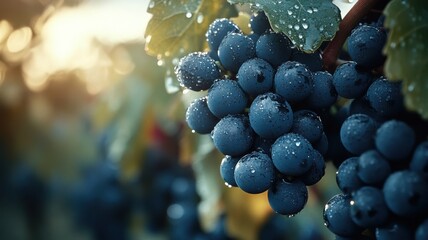 Glistening morning dew on grapevine leaves, close-up of ripe grape clusters ready for harvest, bathed in soft early morning light. Harvesting