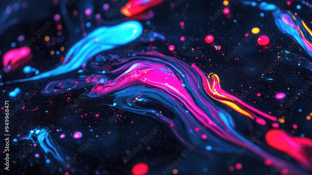 Poster A close-up of neon paint splashes creating an abstract design on a dark surface.